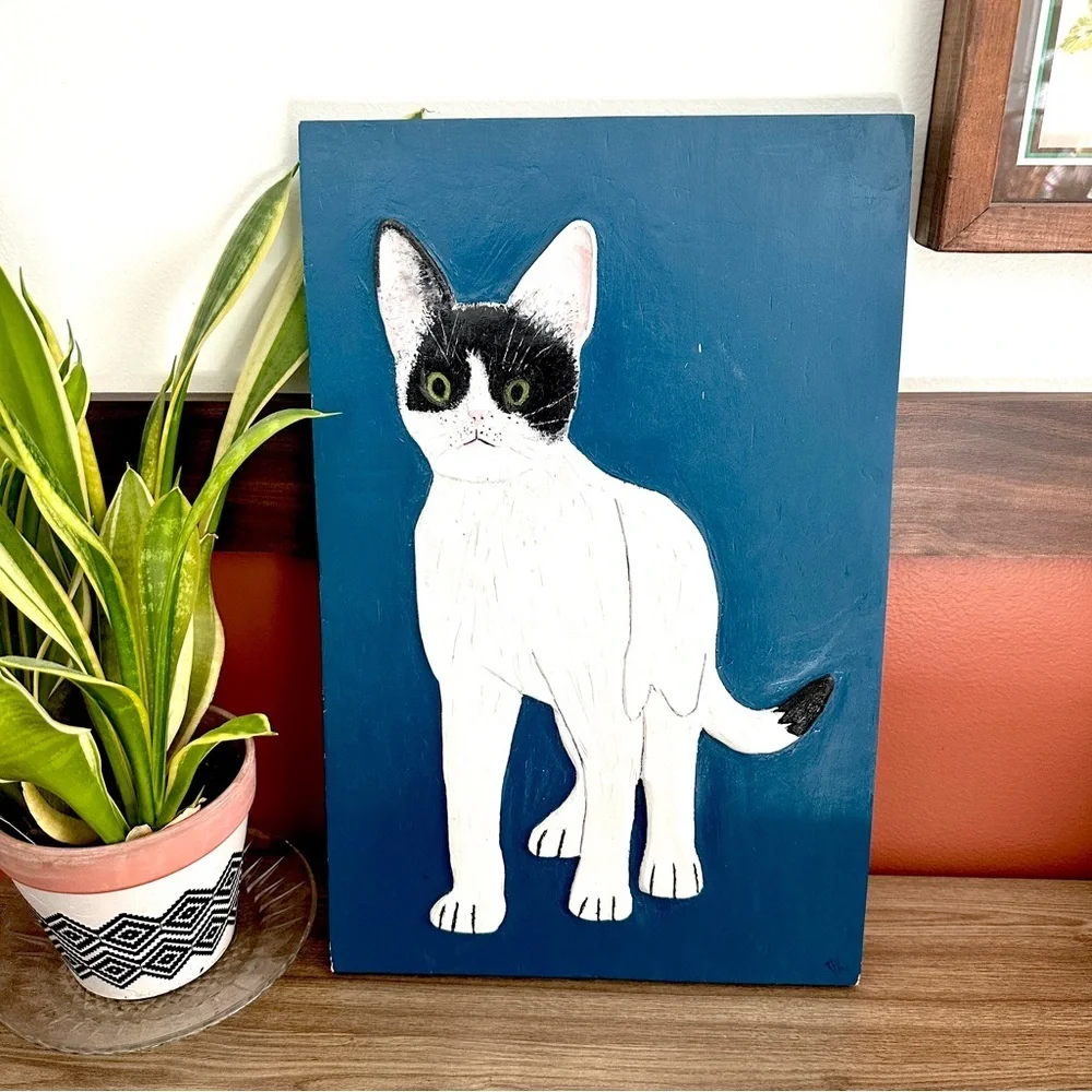 Original Cat Painting 3D Wood Wall Art Black & White Cat Quirky Art Blue Decor